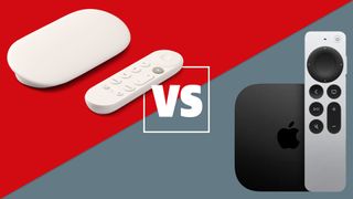 The Google TV Streamer and Apple TV 4K on a red and grey background with a white versus sign between them.