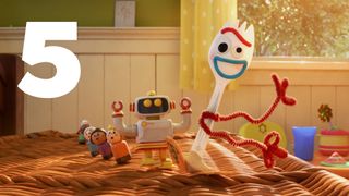 forky from toy story 4 in a sunny room, the number 5 in the corner