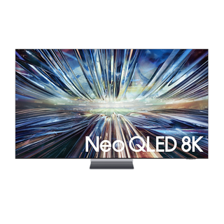 The 75-inch Samsung QN900D pictured straight-on against a white background. The screen shows an abstract pattern that is largely blue in colour.